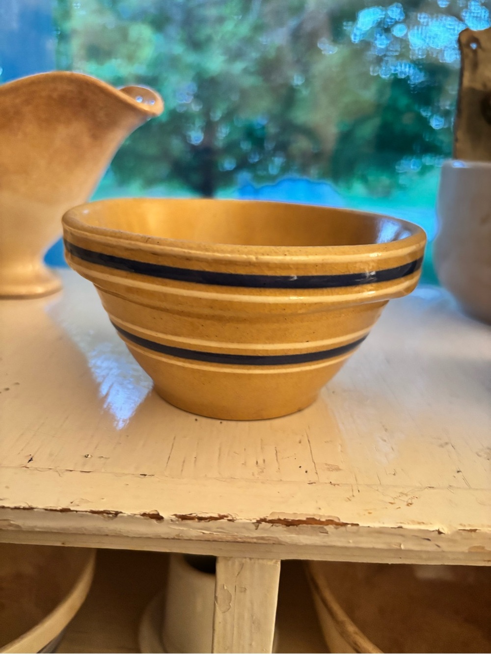 Yellow Stoneware Bowl with Blue Stripes - Home Art
